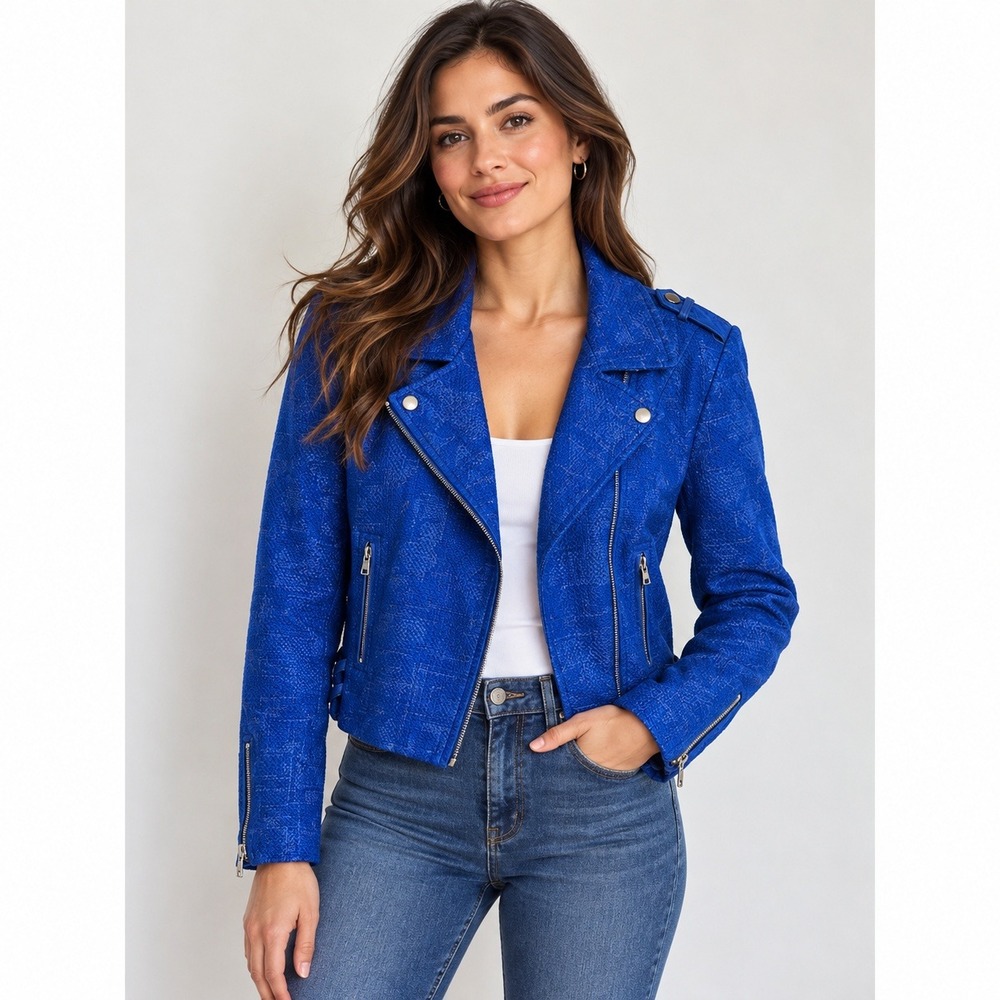 ALEXIS Cobalt Blue Textured Moto Jacket Cropped Biker Edgy Statement Small Chic